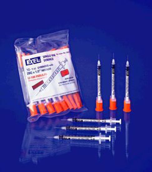 Picture of EXEL INSULIN SYRINGE WITH NEEDLE Insulin Syringe & Needle, 28G X ½", ½Cc, 10/Bg, 10Bg/Bx, 5Bx/Cs