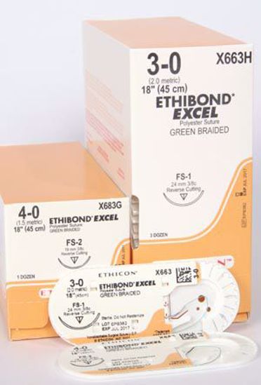 Picture of ETHICON ETHIBOND™ EXTRA POLYESTER SUTURES Suture, Reverse Cutting, Size 3-0, 18", Green Braided, Needle FS-1, 3/8 Circle, 3 Dz/Bx (Continental US Only)
