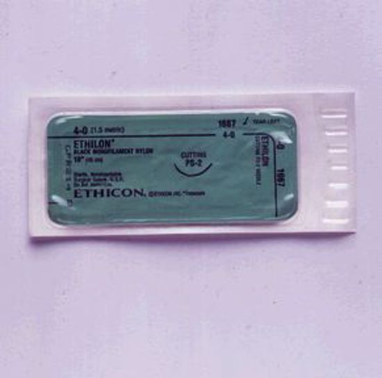 Picture of ETHICON ETHILON™ NYLON SUTURES Suture, Precision Point Reverse Cutting, Size 4-0, 18", Black Monofilament, Needle PS-2, 3/8 Circle, 1 Dz/Bx (Continental US Only)