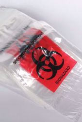 Picture of MEDEGEN LAB SAFE™ LABORATORY SPECIMEN COLLECTION BAGS Collection Bag, 6" X 9", Reclosable Adhesive Closure, Biohazard Black/ Red Print, 1000/Cs