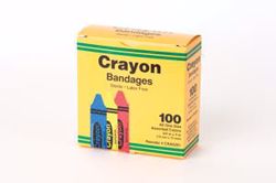 Picture of ASO CAREBAND™ DECORATED BANDAGES Crayola Bandages, ¾" X 3" Strips, Latex Free (LF), Assorted (Red, Yellow & Blue), 100/Bx, 12 Bx/Cs